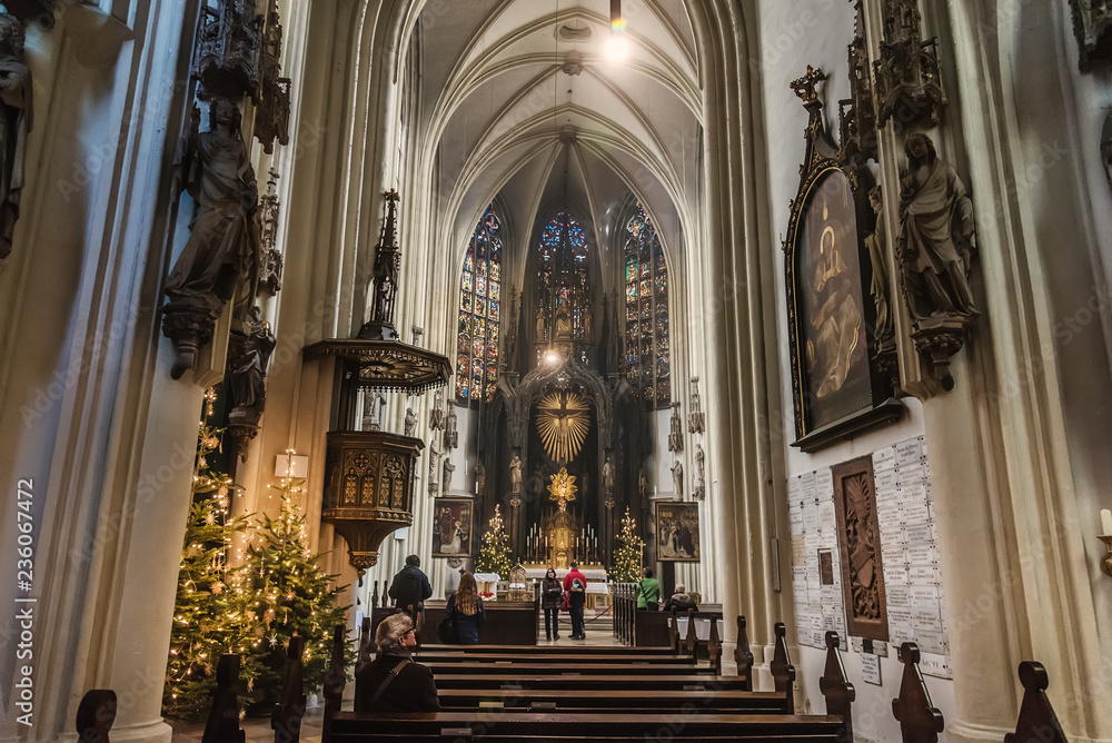Vienna, Austria - December 31, 2017. Interior of Maria am Gestade or Church of Our Lady of the Riverbank with Christmas decoration. One of the oldest viennese churches of gothic architecture.