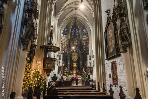 Vienna, Austria - December 31, 2017. Interior of Maria am Gestade or Church of Our Lady of the Riverbank with Christmas decoration. One of the oldest viennese churches of gothic architecture.