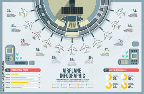 Airplane infographic set vector, design building, icon graphic transport, airline chart modern, landscape, airport presentation diagram.