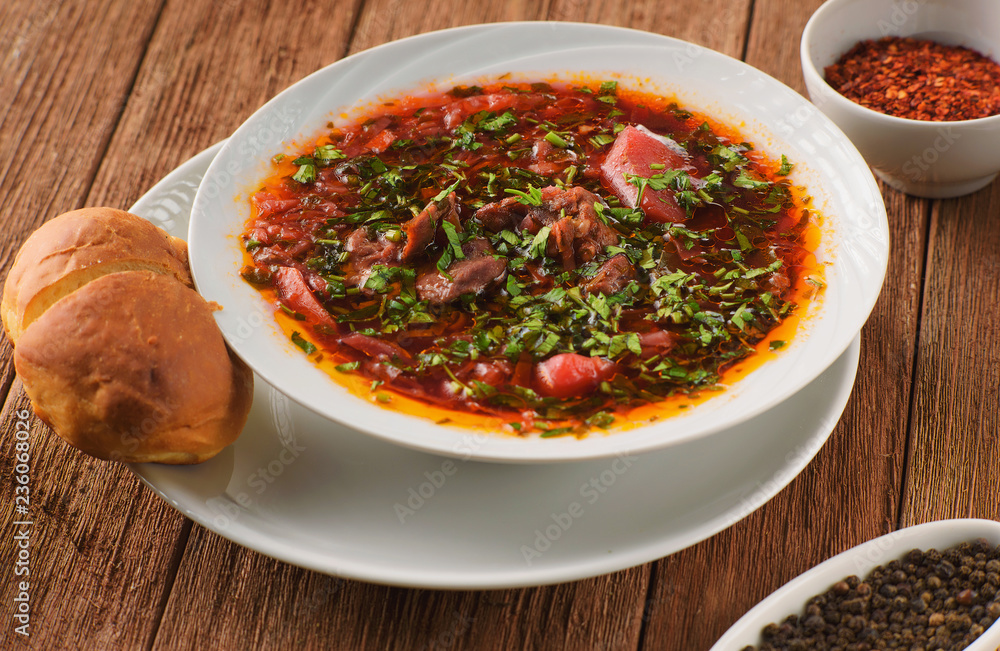 Delicious borscht with lamb, beetroot, herbs and spices Delicious borscht with lamb, beetroot, herbs and spices