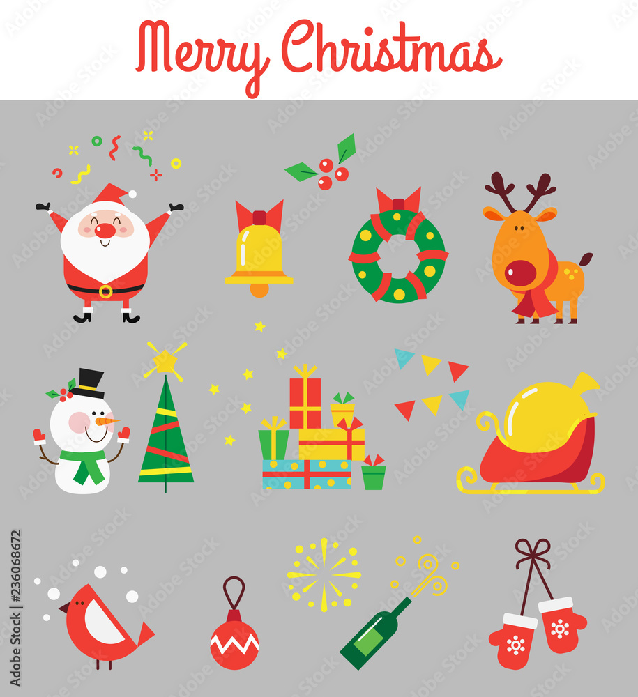 Fototapeta premium Christmas cartoon vector set. Santa, snowman, deer, christmas decorations. Vector illustration in a flat style.