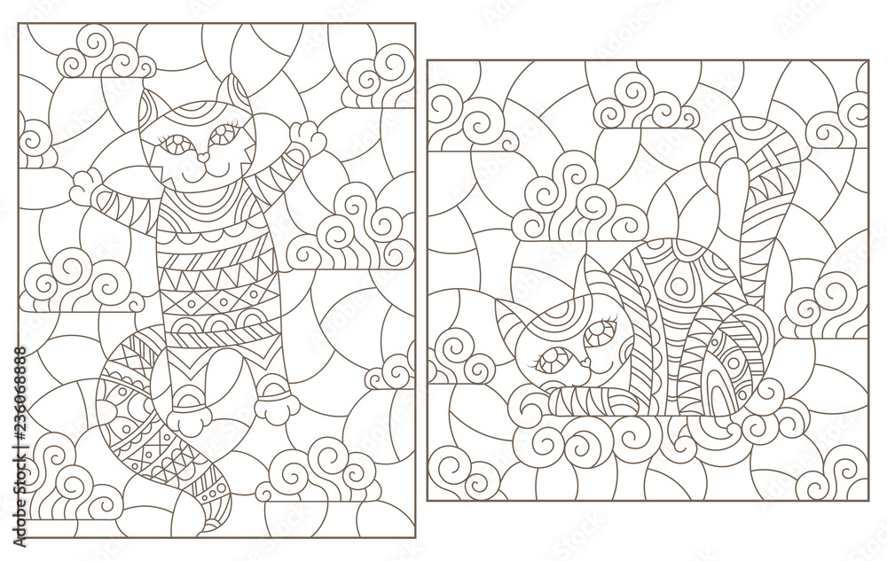 Obraz premium Set of contour illustrations of stained glass Windows with cute cartoon cats on a cloud background, dark contours on a white background