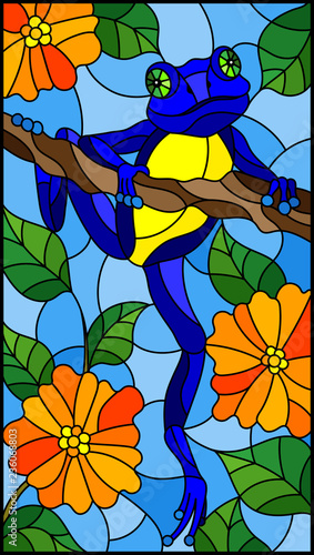 Illustration in stained glass style with bright blue frog on plant branches background with orange flowers and leaves  on sky background