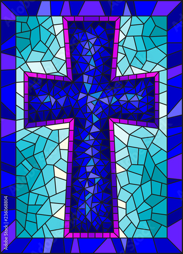 The illustration in stained glass style painting on religious themes, stained glass window in the shape of a blue Christian cross , on a blue  background with  frame