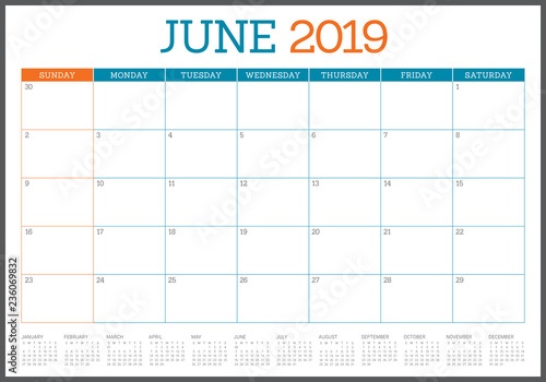 June 2019 desk calendar vector illustration