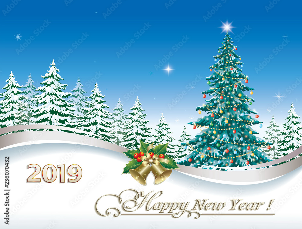 New Year 2019. Christmas tree on the background of nature