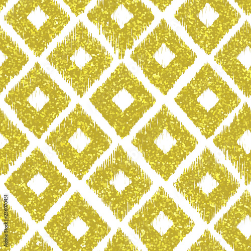 Seamless pattern gold tribal background with glitter texture. Abstract ikat seamless pattern background. Abstract vector background. Gold and white seamless rhombus pattern. Vector illustration.
