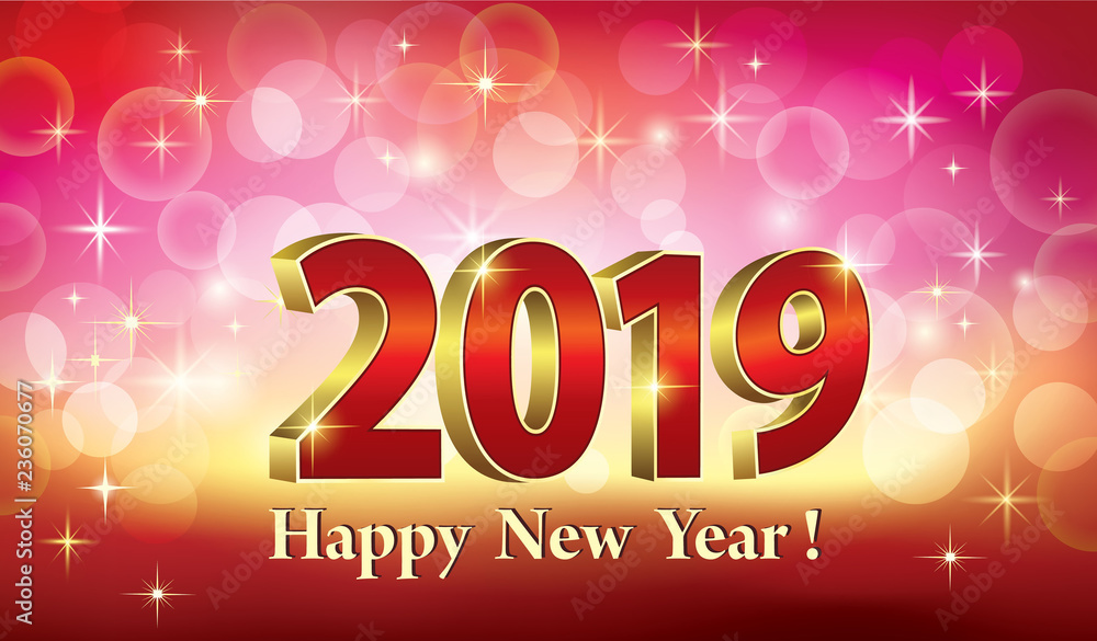 New Year 2019. Christmas card with date 2019 glowing bright background 3d illustration