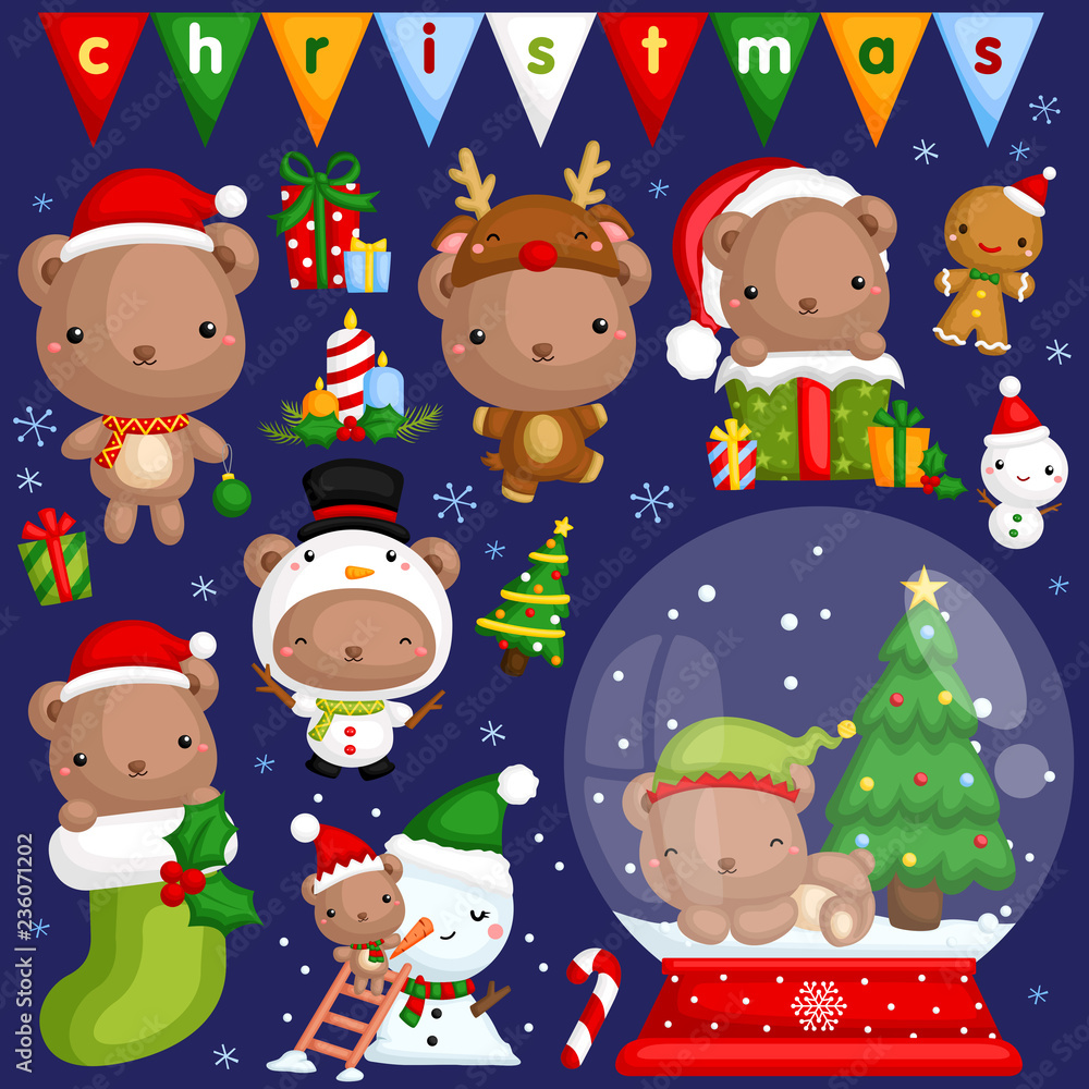 A vector set of cute little bear in various poses and costume for christmas celebration A vector set of cute little bear in various poses and costume for christmas celebration