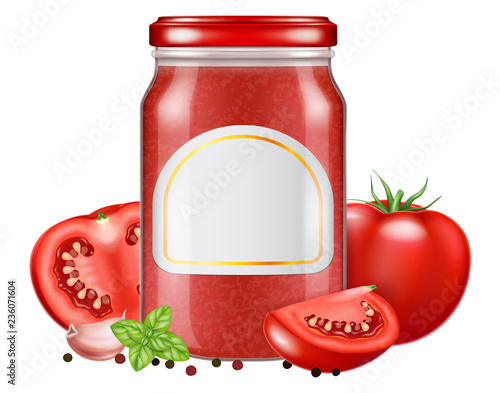 A glass jar of tomato sauce with fresh oregano leaves and tomato. Vector illustration.