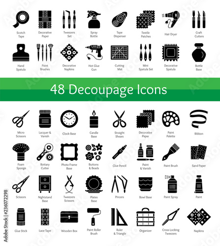 Decoupage tools. Bricolage & handicraft supplies. Vector flat icons set. Decorating boxes with paper napkins and glue. Handmade hobby. Isolated objects