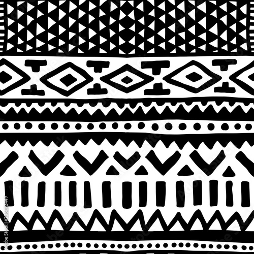 Seamless ethnic pattern. Handmade. Horizontal stripes. Black and white print for your textiles.