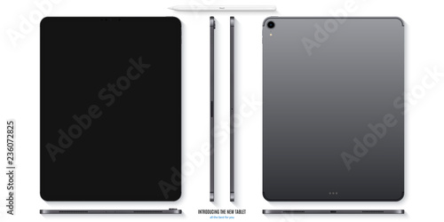 tablet mockup in grey color with pencil front, back and side on white background. stock vector illustration eps10