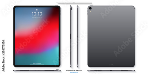tablet mockup in grey color with colorful screen front, back and side on white background. stock vector illustration eps10