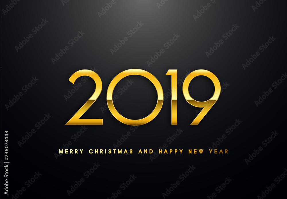 Merry Christmas and Happy New Year text design. Vector greeting illustration with golden numbers.