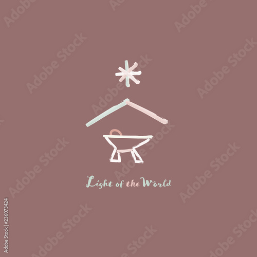 Christmas time. Manger with baby Jesus and star of Bethlehem in watercolor style. Text : Light of the world.
