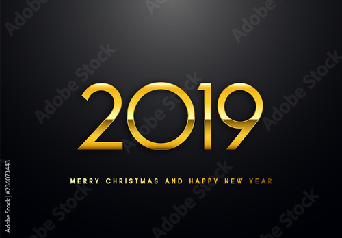 Obraz na płótnie Merry Christmas and Happy New Year text design. Vector greeting illustration with golden numbers. w salonie