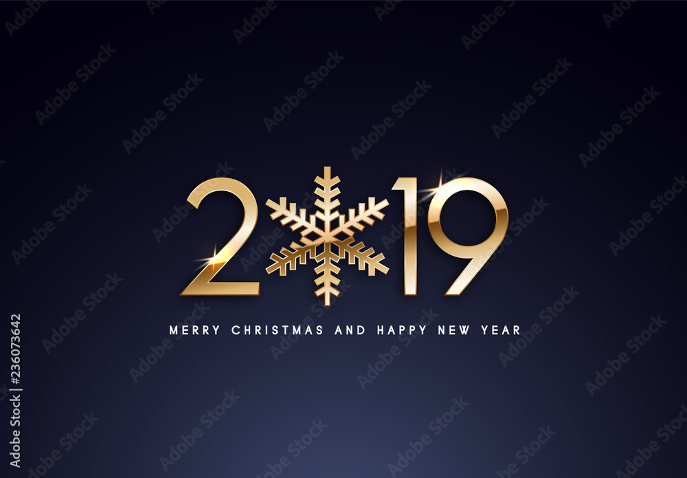 Merry Christmas and Happy New Year text design. Vector greeting illustration with golden numbers.