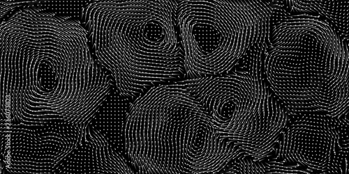 Vector monochrome field visualization of forces. Magnetic or gravitational fluctuations chart. Science backdrop with a matrix of arows with magnitude and direction. Flow representation. Interaction.