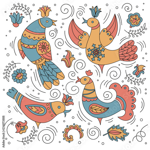 ORNAMENTAL BIRD Decorative Folk Ornament Color Vector Illustration Set for Print