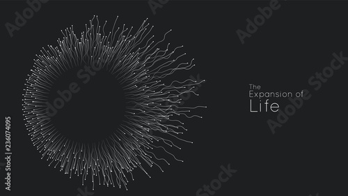 Expansion of life. Vector sphere explosion background. Small particles strive out of center. Blurred debrises into rays or lines under high speed of motion. Burst, explosion backdrop.