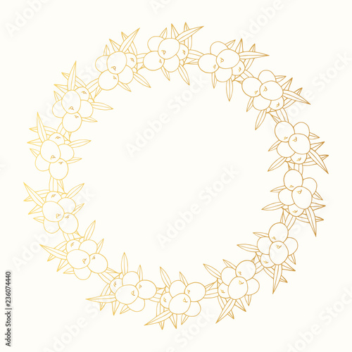 Golden hand drawn vintage olive branch  laurel wreath. Greek gold round frame for oil label. Vector isolated illustration.