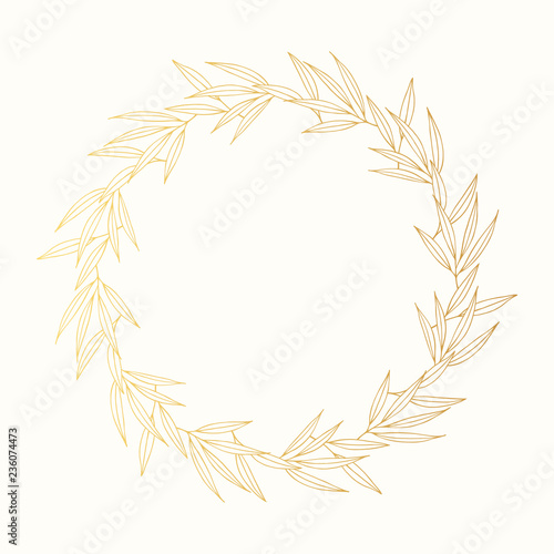 Golden hand drawn Greek olive branch  laurel wreath. Vintage gold round frame for oil label. Vector isolated illustration.