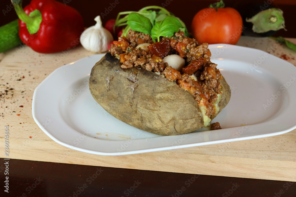 Kumpir - Traditional Turkish meal with baked potato, butter, cheese, bulgur salad, beef meat, mozzarella meat, tomato sauce and hot spices Kumpir - Traditional Turkish meal with baked potato, butter, cheese, bulgur salad, beef meat, mozzarella meat, tomato sauce and hot spices