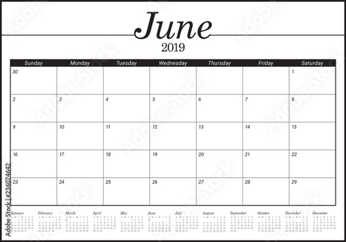 June 2019 desk calendar vector illustration
