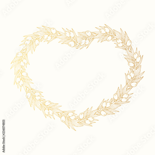 Greek golden olive laurel wreath. Hand drawn invitation gold heart shape frame. Vector isolated illustration.