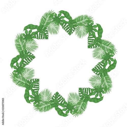 Hand drawn tropical leaves frame. Palm, aralia, monstera leaf border for invitation card. Vector isolated illustration.