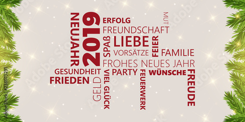 Neujahr-Wünsche 2019 Tannenzweige und Schneeflocken