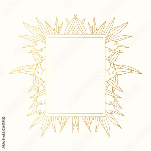 Hand drawn olive golden decorative frame. Greek botanical branch gold border invitation. Vector isolated illustration. Leave glitter background. 