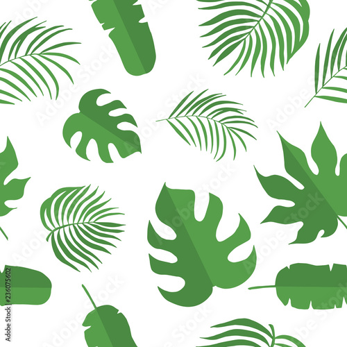 Hand drawn palm, monstera, aralia leaves seamless pattern for textile. Tropical leaf wallpaper, fabric background. Vector isolated illustration.