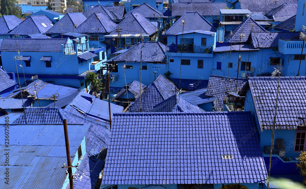 Blue rooftoops and the blue houses of the village Kampung Biru Arema,  Malang City, East Java, Indonesia Stock Photo | Adobe Stock