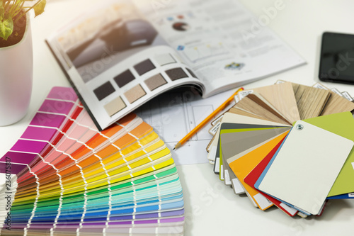 designer workplace - interior paint color and furniture material samples