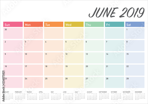 June 2019 desk calendar vector illustration
