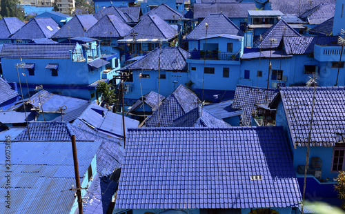 Blue rooftoops and the blue houses of the village Kampung Biru Arema, Malang City, East Java, Indonesia