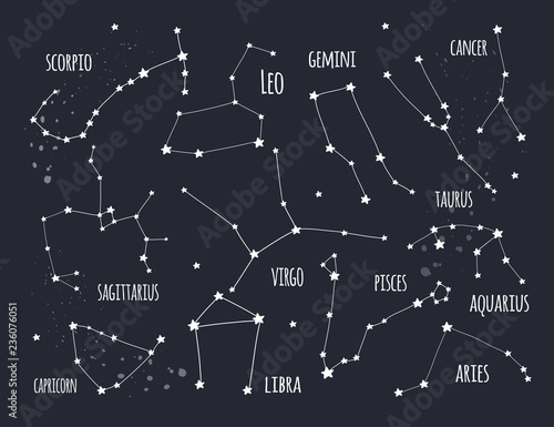 Hand drawn zodiac constellations. Graphic vector set. Dark background. All elements are isolated