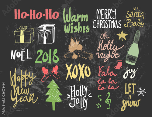 Hand drawn christmas lettering and doodle elements. Graphic vector set. Everything is isolated. Chalkboard background. Colored elements