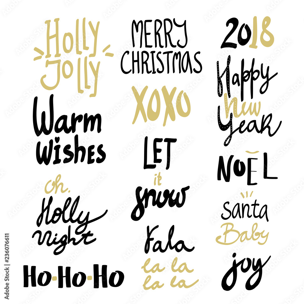 Obraz premium Hand drawn christmas lettering. Black and golden letters. Graphic vector set. Every phrase is isolated