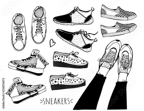 Various hand drawn sneakers and shoes. Graphic vector set. All elements are isolated
