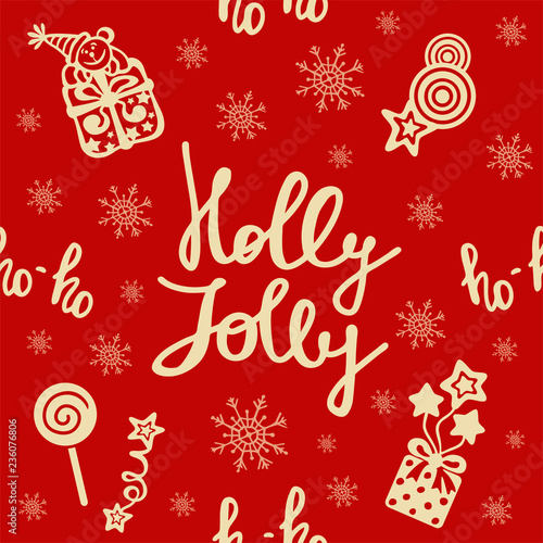 Merry Christmas seamless pattern. Holiday lettering. Make a wish. Ho-ho. Holly Jolly. Winter holiday background. New Year texture.
