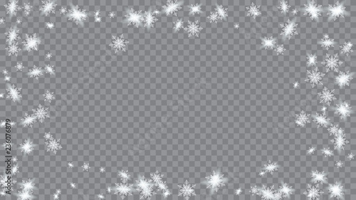 Falling snow background. Bbright, White, Shimmer, Glowing, Scatter, Falling on a Transparent background. Holiday decoration Christmas banner.
