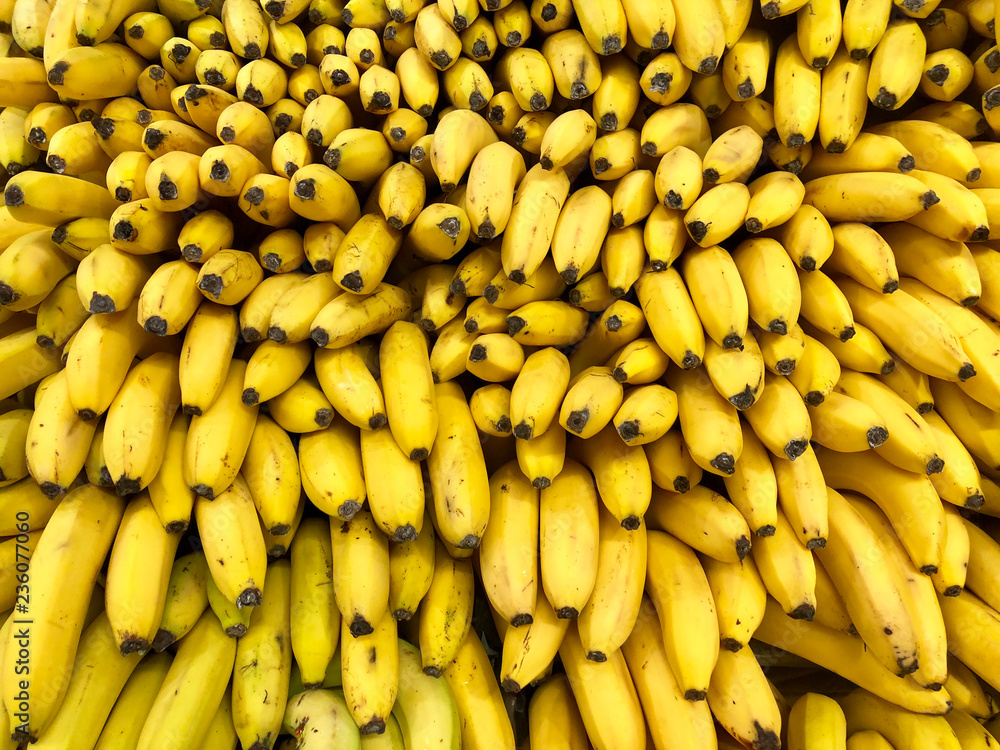 Many fresh fruits yellow bananas in supermarket, food concept background