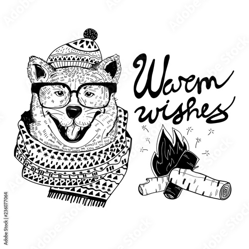 Cute graphic hipster dog and sparkling bonfire. Warm wishes. Vector illustration