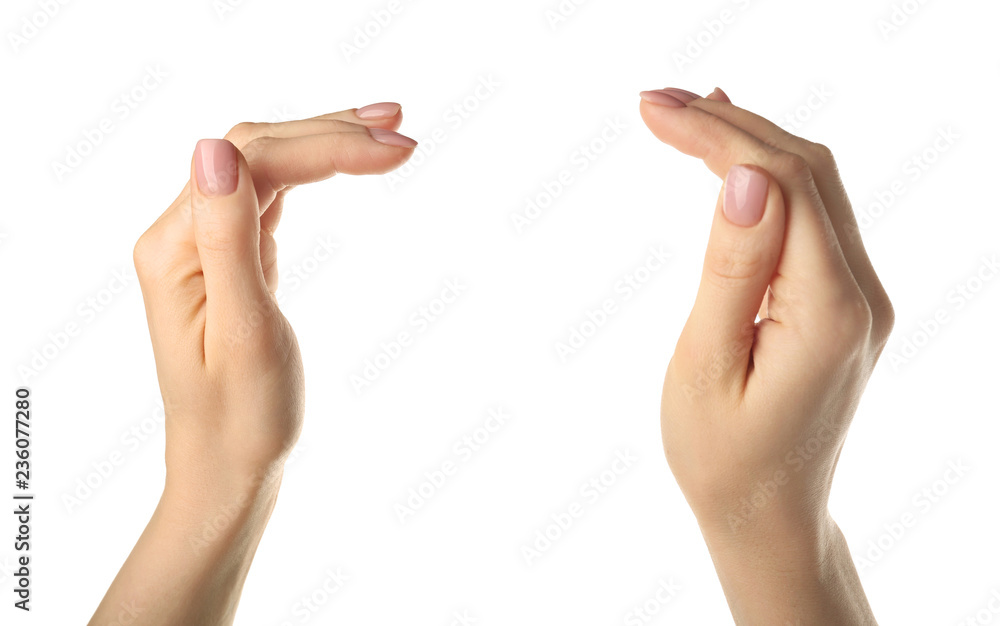 Female hands holding something on white background Female hands holding something on white background