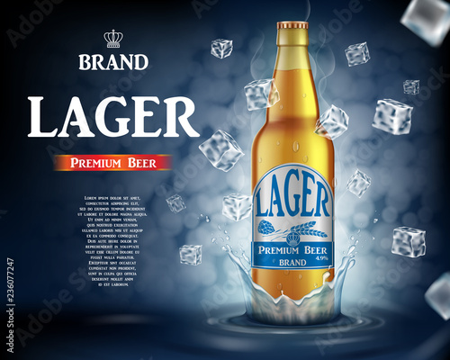 Craft lager beer ads with splashing. Realistic glass beer bottle with flying ice cubes on shiny blue background. Vector 3d illustration