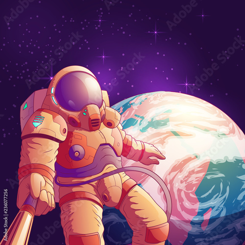 Selfie in outer space cartoon vector illustration with astronaut in futuristic spacesuit making portrait photo with selfie stick on background of planet Earth. Space tourist or exoplanet explorer fun