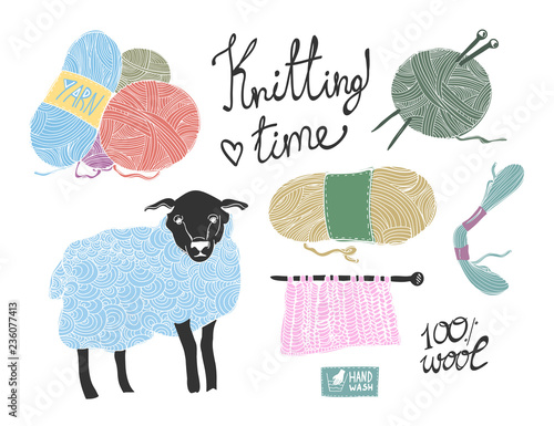 Knitting time. Hand drawn colored graphic vector set. All elements are isolated